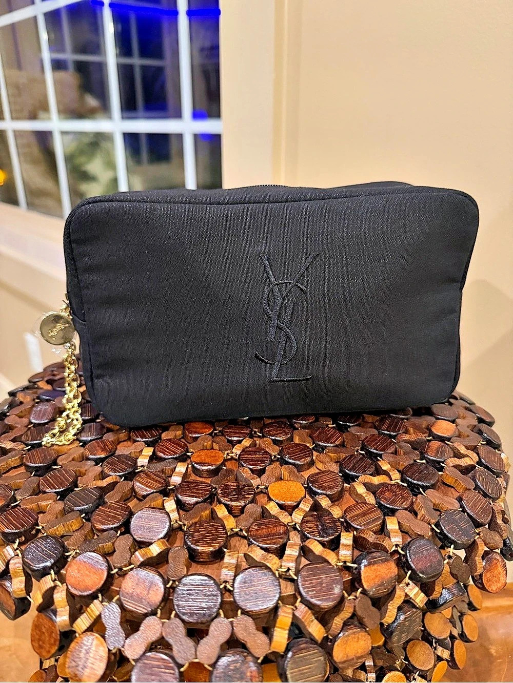 New Yves Saint Laurent Black Travel Cosmetic Pouch Bag Gold Logo Chain Wristlet